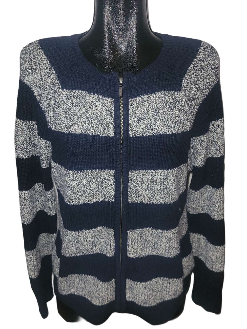 L.L.Bean Navy And White Striped Knit Zip-Up Cardigan Sweater Size L